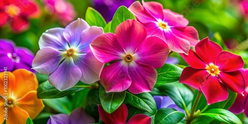 Bright vinca flowers thrive, boasting colorful petals that contrast beautifully with a vivid green background,