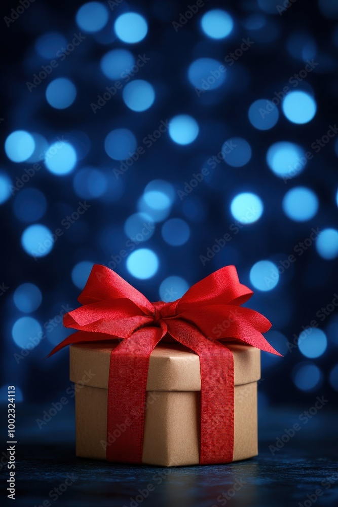 Gift box with red ribbon on blue background Gift box with red ribbon on blue background