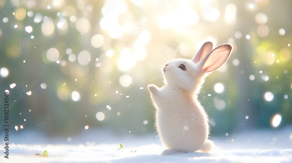 A small white rabbit standing on its hind legs in the snow, Generative AI 