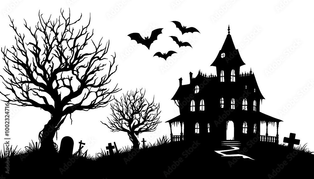 Silhouette painting, haunted house and dead tree, suitable for Halloween theme Silhouette painting, haunted house and dead tree, suitable for Halloween theme