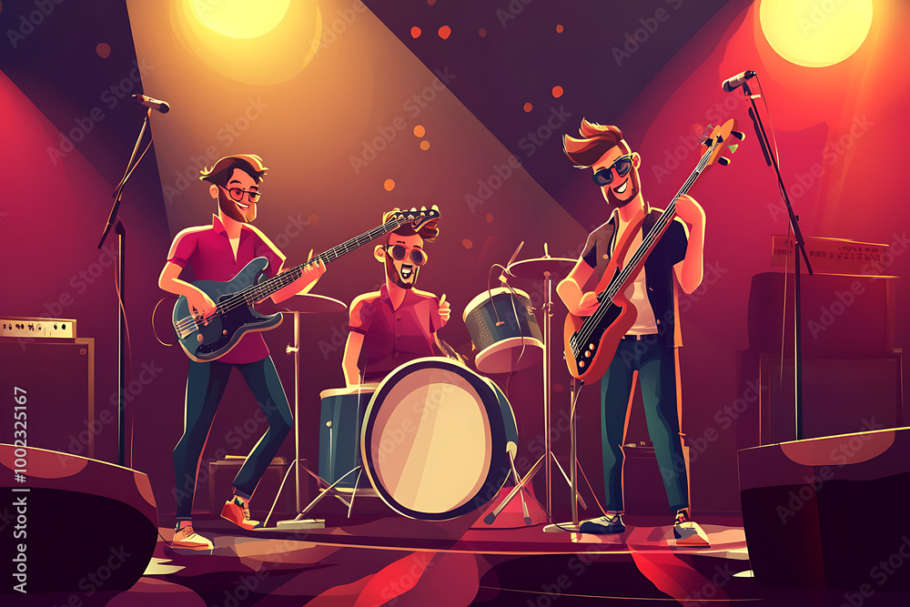 Fototapeta premium A vibrant illustration of a band performing on stage with instruments and energetic lighting.