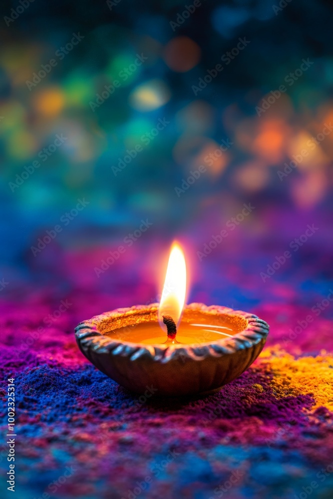Photo of an oil lamp lit on top of colored rice Photo of an oil lamp lit on top of colored rice