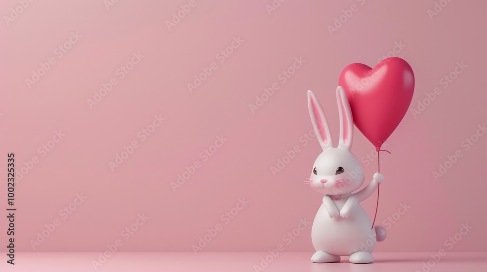 A cute, white bunny holding a red heart-shaped balloon. A cute, white bunny holding a red heart-shaped balloon.