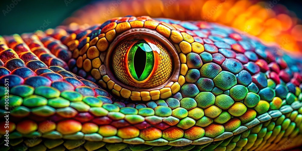 Obraz premium Capturing a close-up of a snake's mesmerizing eyes adorned with detailed patterns and bright colors, harmoniously