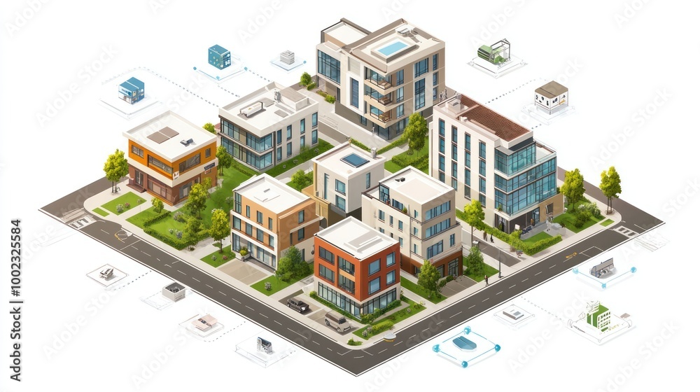 Isometric View of a Modern City Block with Smart Home Technology Isometric View of a Modern City Block with Smart Home Technology