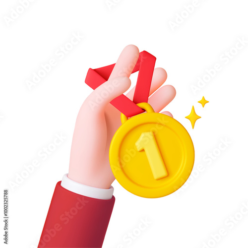 3d render golden medal in human hand. Business winner concept. Businessman hold gold medal with red ribbon. Celebrating, prize, vector realistic elements
