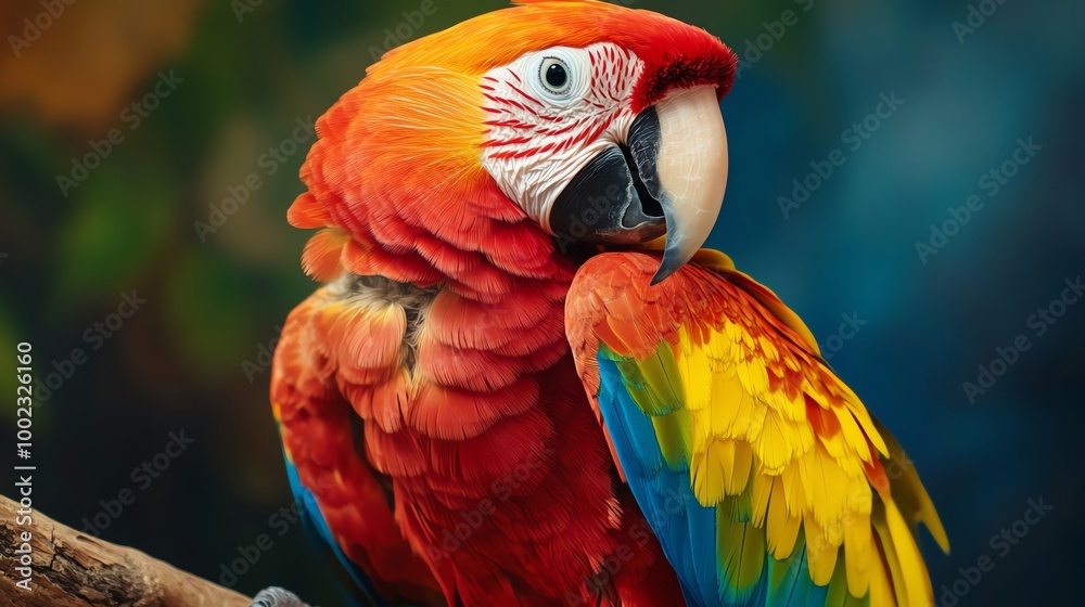 Fototapeta premium Colorful parrot perched on a branch in a vibrant setting.