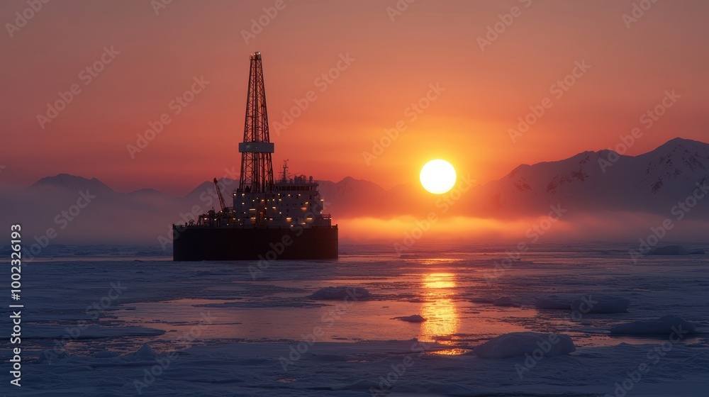 Oil Rig Silhouette at Sunset Over Icy Waters Oil Rig Silhouette at Sunset Over Icy Waters