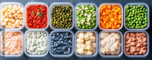 Colorful assortment of vegetables in plastic containers on a dark surface.