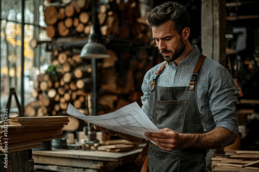 A Woodworker Carefully Examining Blueprint in Workshop A Woodworker Carefully Examining Blueprint in Workshop
