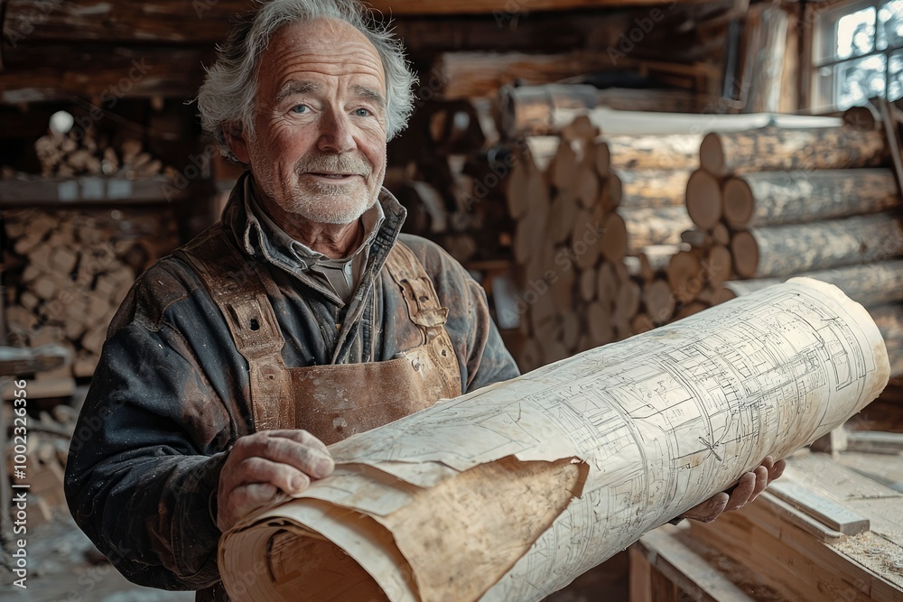 Elderly Carpenter Holding Blueprint in Workshop Elderly Carpenter Holding Blueprint in Workshop