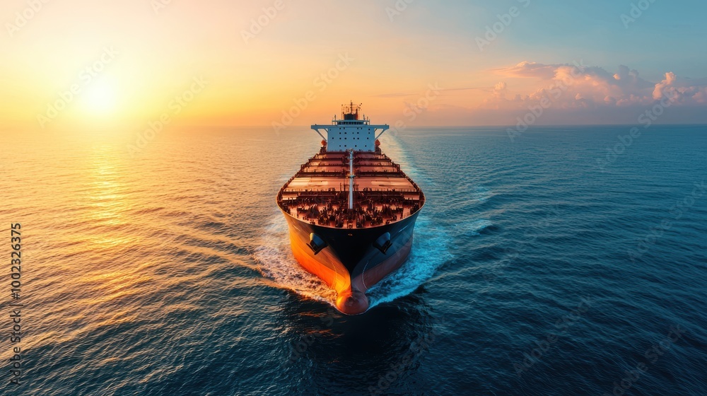 Obraz premium Cargo ship sailing at sunset on calm ocean waters