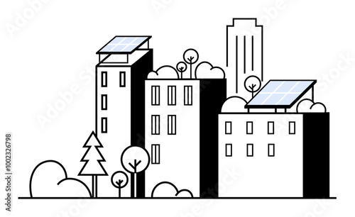 Urban buildings with solar panels, surrounded by trees. Ideal for green energy, urban living, sustainability, renewable energy, eco-friendly design. Minimalist flat vector.