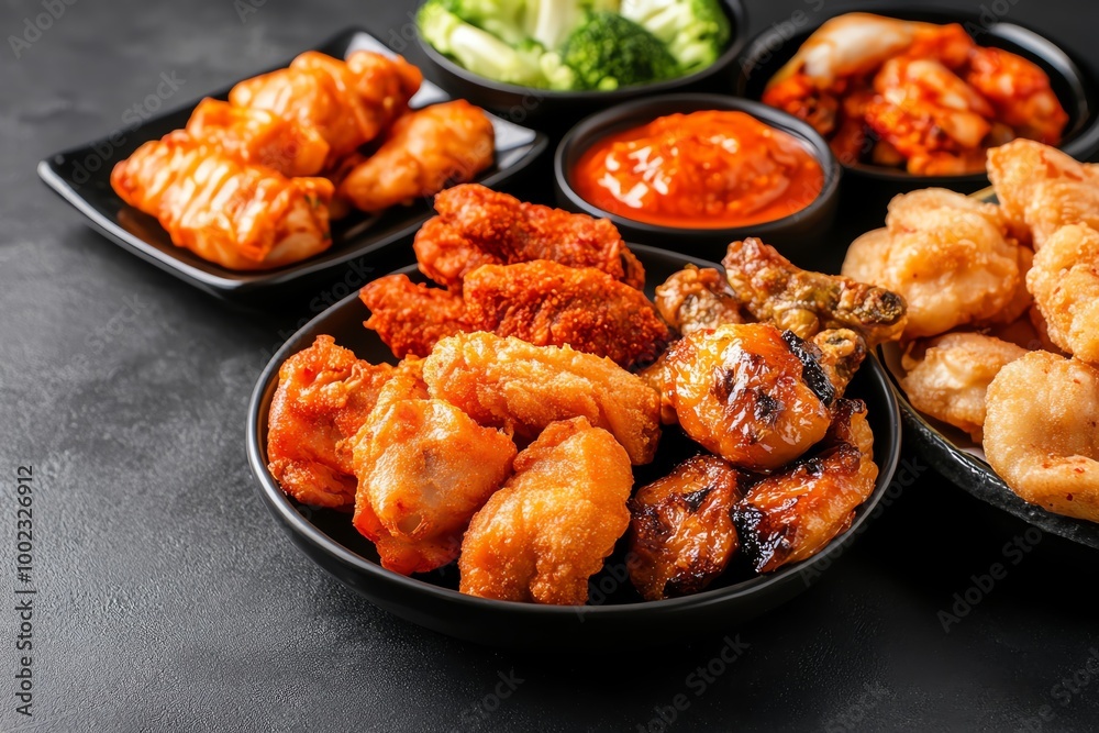 Delicious assortment of fried chicken wings and dumplings on black plates. Delicious assortment of fried chicken wings and dumplings on black plates.