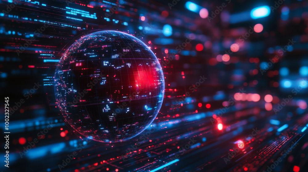 Obraz premium A digital globe surrounded by vibrant binary streams illuminating a futuristic cyberspace environment at night