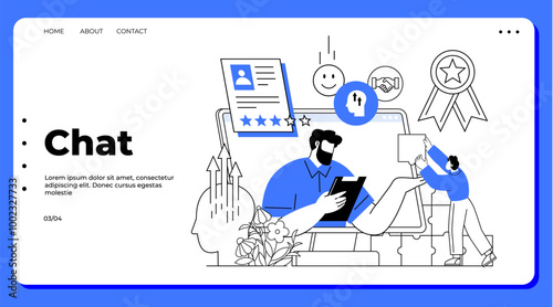Laptop with male character using a tablet, surrounded by icons like chat bubbles, smiles, profile, and awards. Ideal for virtual communication, team collaboration, project management, online