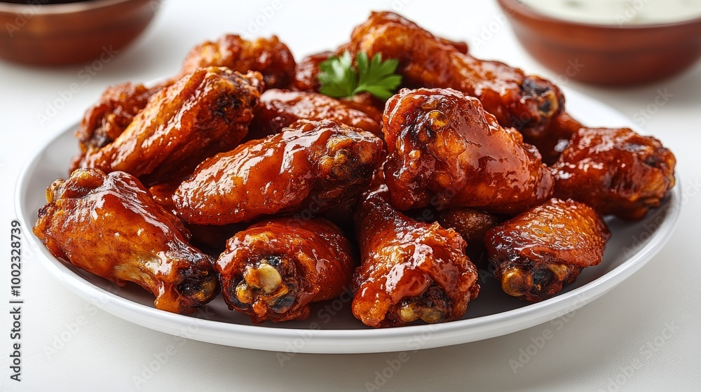 Savory Chicken Wings Coated in a Rich Glaze Served on a White Plate With Garnishes Savory Chicken Wings Coated in a Rich Glaze Served on a White Plate With Garnishes
