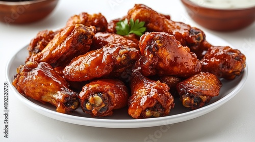 Savory Chicken Wings Coated in a Rich Glaze Served on a White Plate With Garnishes