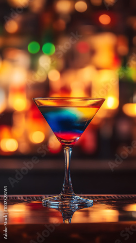 Colorful Cocktail in a Bar Setting with Blurred Background