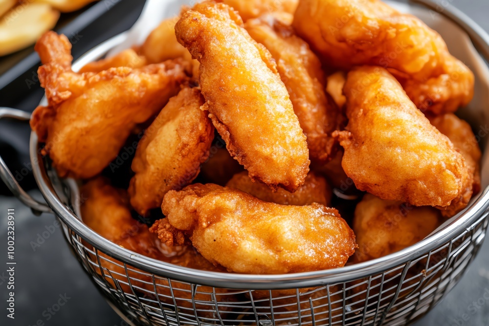 Golden crispy fried chicken wings in a basket, perfect for appetizers. Golden crispy fried chicken wings in a basket, perfect for appetizers.