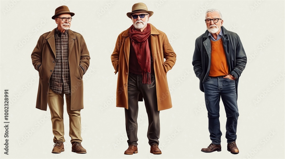 Obraz premium Three stylish 65 year old men in glasses and hats, set against a white background