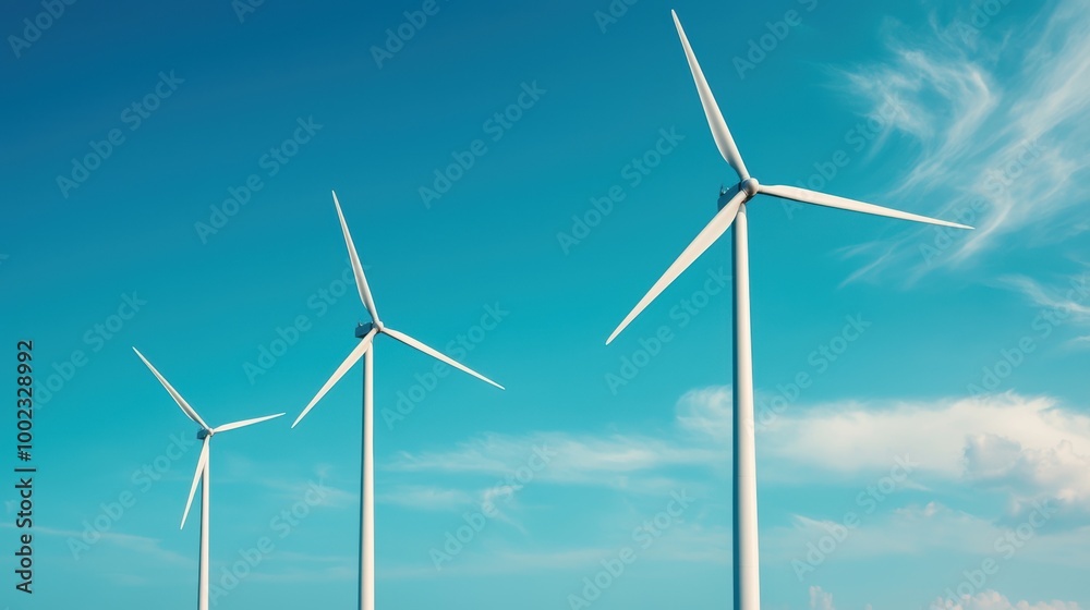 Wind Turbines Against Blue Sky in Rural Landscape Wind Turbines Against Blue Sky in Rural Landscape