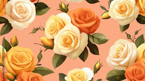  A close-up of a bouquet of pink roses with shades of orange, yellow, and white against a pink background