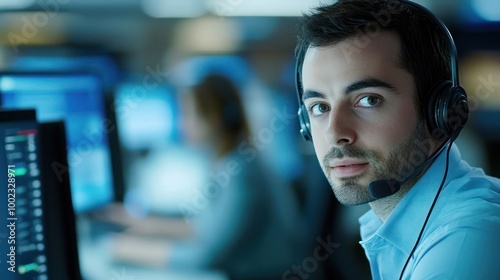 A young man wearing a headset looks directly at the camera while working at a desk in an office.