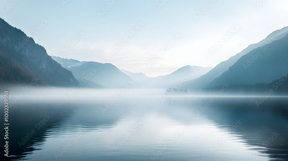 serene mountain lake landscape with misty reflections at dawn in soft natural colors serene mountain lake landscape with misty reflections at dawn in soft natural colors