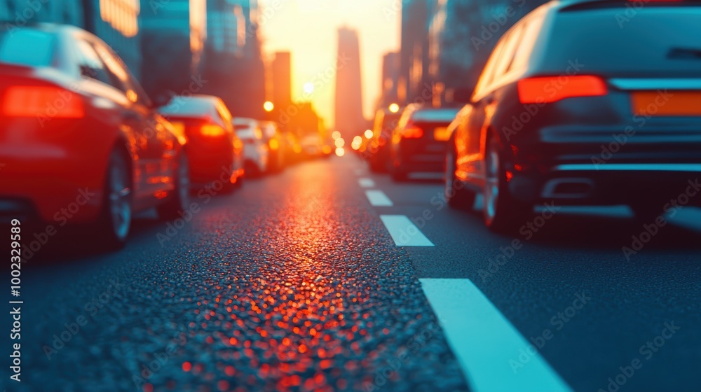 Obraz premium Urban Traffic at Sunset with Glowing Street Reflection