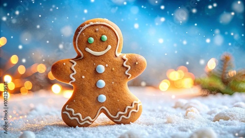 Gingerbread Man on Snowy Background with Christmas Lights