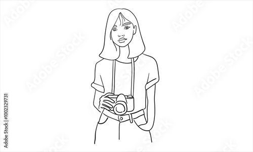 Girl photographer continuous line art drawing isolated on white background. Camera line art drawing. Vector illustration	