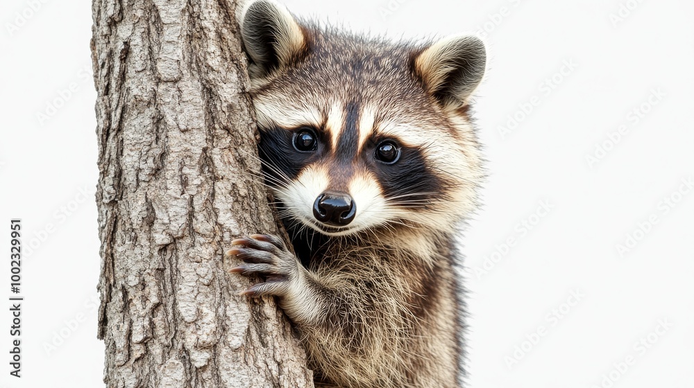 A Curious Raccoon Peeking Around a Tree Trunk in a Serene Natural Setting During Daylight Hours A Curious Raccoon Peeking Around a Tree Trunk in a Serene Natural Setting During Daylight Hours