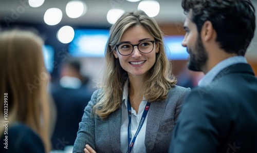 Group of businesspeople networking at a conference, interacting and making contacts at business event session, Generative AI photo