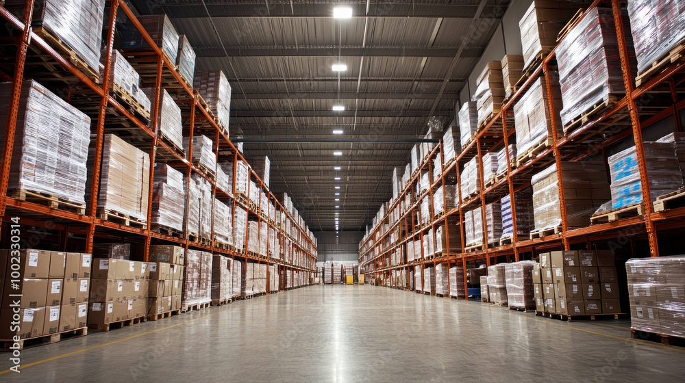 spacious warehouse filled with neatly stacked pallets and boxes, showcasing organized storage system. bright lighting enhances efficient atmosphere of space spacious warehouse filled with neatly stacked pallets and boxes, showcasing organized storage system. bright lighting enhances efficient atmosphere of space