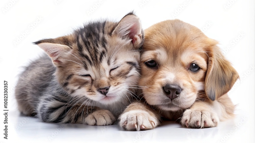 Adorable Puppy and Kitten Cuddling Together Adorable Puppy and Kitten Cuddling Together