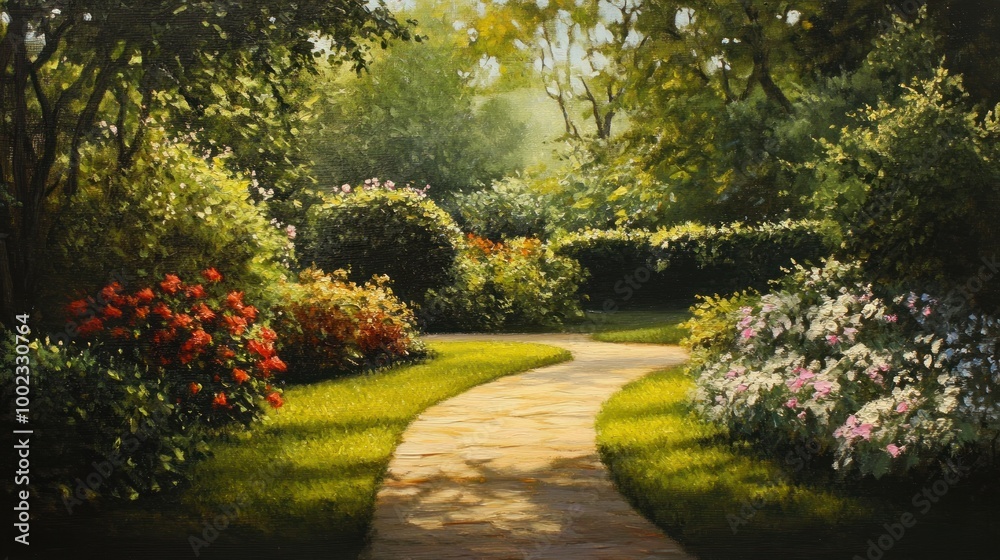 Sunlit Pathway Through Lush Summer Garden Sunlit Pathway Through Lush Summer Garden