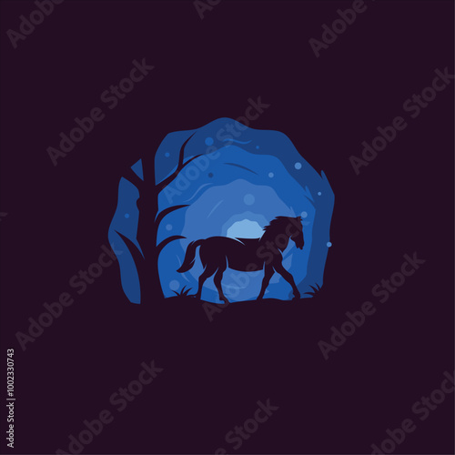 Horse silhouette walking beside tree with blue moon background