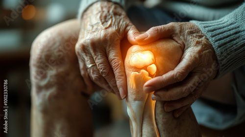 Elderly person experiencing knee pain while sitting indoors during the afternoon