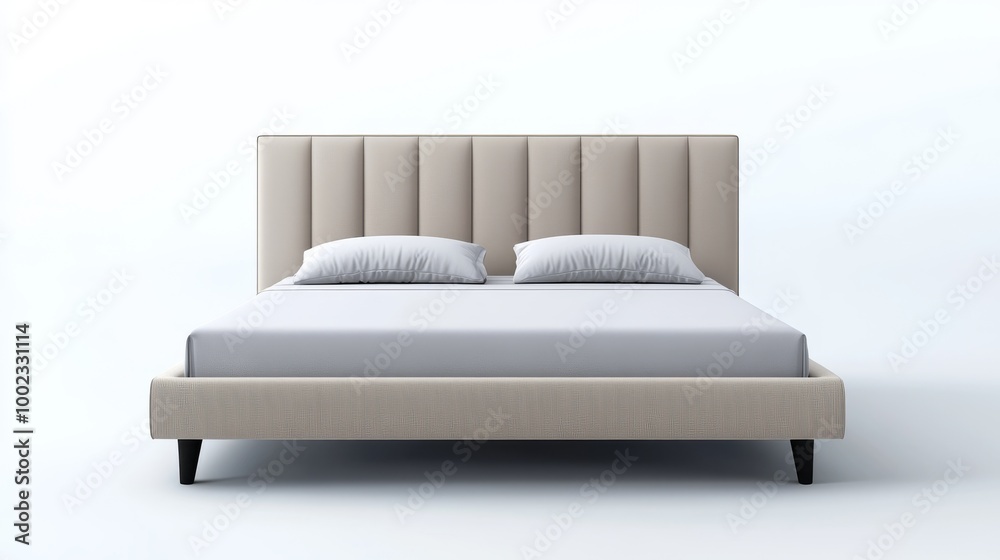 Modern Minimalist Bedroom Featuring a Stylish Upholstered Bed With Gray Bedding in a Serene Setting Modern Minimalist Bedroom Featuring a Stylish Upholstered Bed With Gray Bedding in a Serene Setting