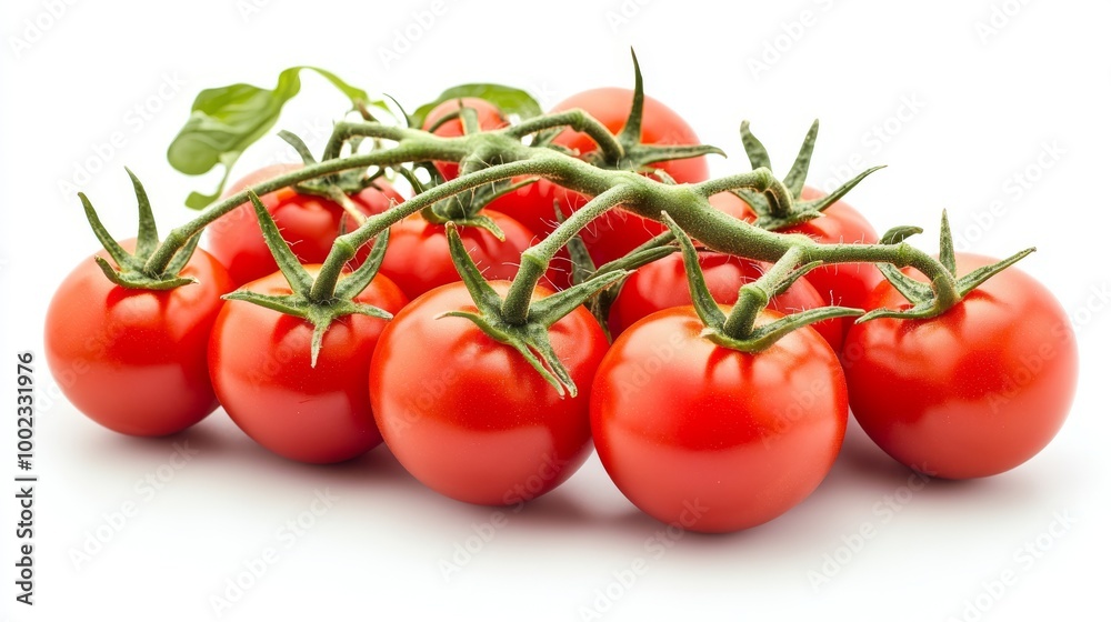Fresh Vine-Ripened Tomatoes Gathered Together on a White Background During Bright Indoor Lighting Fresh Vine-Ripened Tomatoes Gathered Together on a White Background During Bright Indoor Lighting