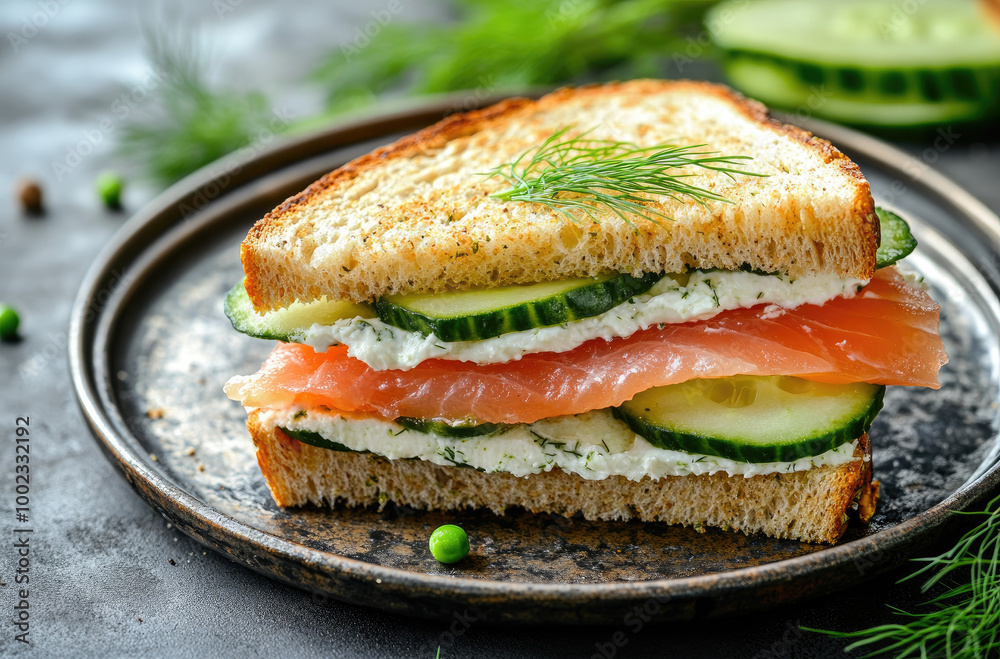 Vibrant Cucumber and Smoked Salmon Sandwich with Fresh Ingredients for a Snack Vibrant Cucumber and Smoked Salmon Sandwich with Fresh Ingredients for a Snack