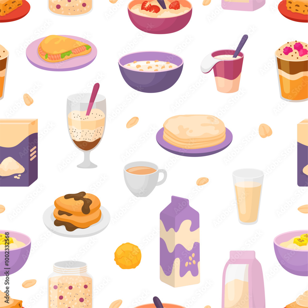 Breakfast food seamless pattern. Oatmeal porridge with berries and fruits, corn flakes in box, plant based milk and shakes. Kitchen style vector background Breakfast food seamless pattern. Oatmeal porridge with berries and fruits, corn flakes in box, plant based milk and shakes. Kitchen style vector background