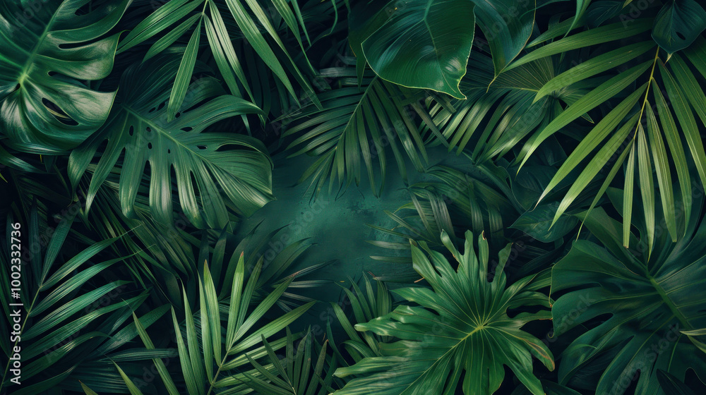 Lush green foliage creates vibrant and serene atmosphere, showcasing variety of tropical leaves that evoke sense of tranquility and natural beauty Lush green foliage creates vibrant and serene atmosphere, showcasing variety of tropical leaves that evoke sense of tranquility and natural beauty