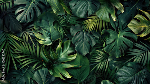 Wallpaper Mural Lush green foliage fills frame, showcasing variety of tropical leaves with intricate shapes and textures, creating vibrant and serene atmosphere Torontodigital.ca