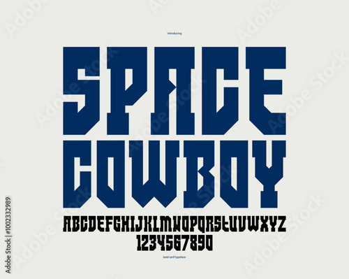 Wild west space future style bold display font for logos and emblems, vector futuristic geometric modern typeface for posters and headers, western and technology styles mixed.