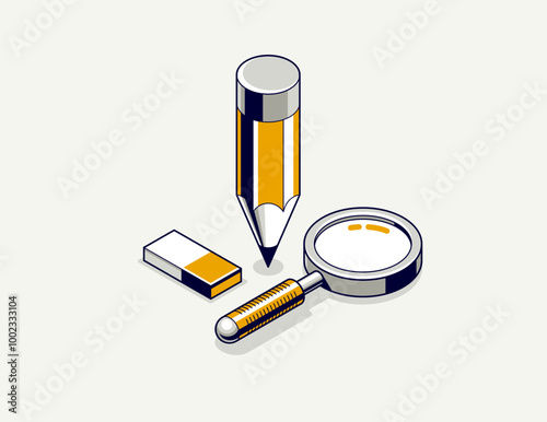 Education concept icon or logo, 3D isometric pencil with other elements vector illustration, student study learning in college or university, technical and engineering education.