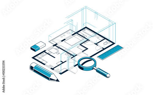 Flat plan drawing with pencil, floorplan residential house or apartment blueprint implementation, 3D isometric vector illustration, interior design project house construction embodiment.
