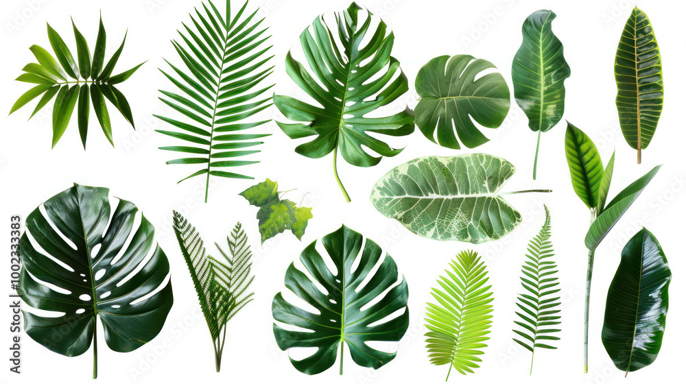 Lush green leaves of various shapes and sizes create vibrant and tropical atmosphere, perfect for enhancing any natural setting or design