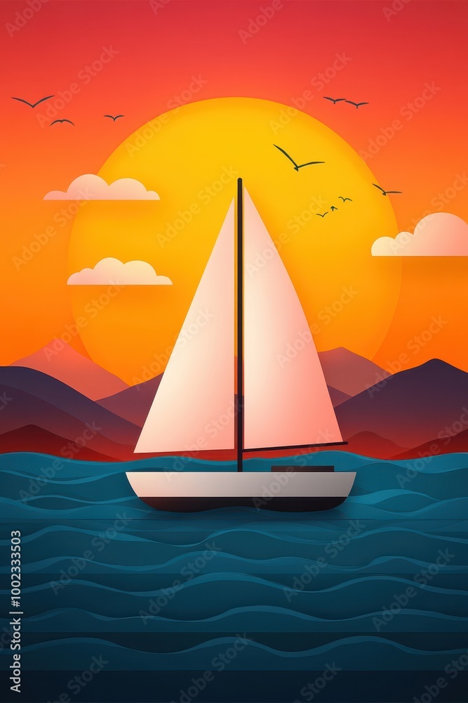 Fototapeta premium Sailboat silhouette against sunset background